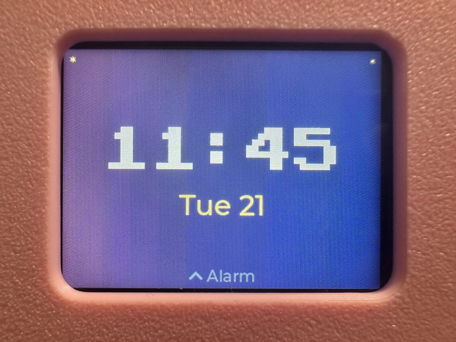Kirby Companion touch display showing the clock and alarm interface